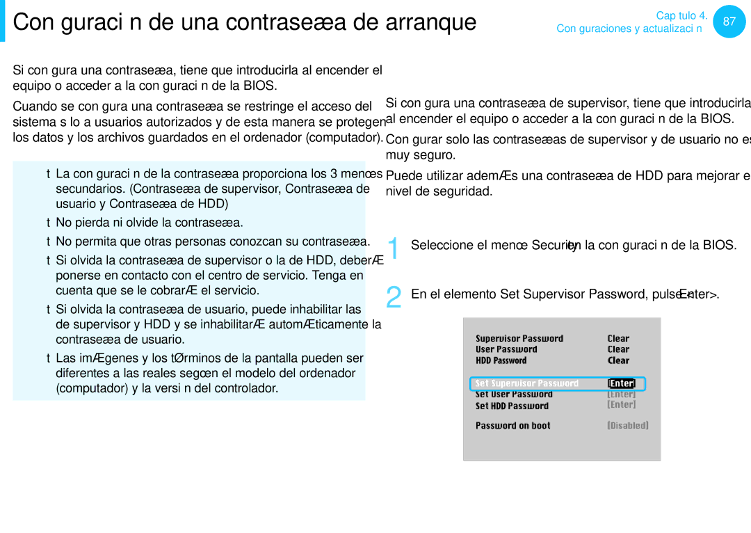 Samsung NP270E5E-X01ES manual Configuración de una contraseña de arranque, Configuración de una contraseña de supervisor 