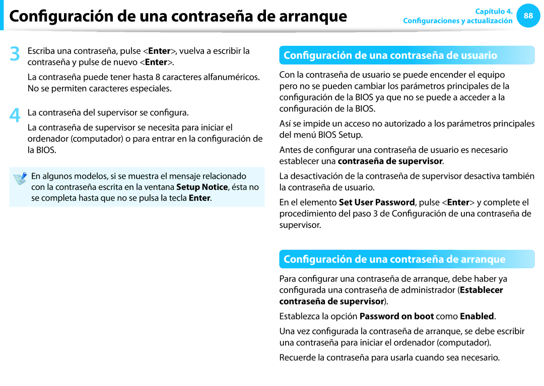 Samsung NP270E5E-K03ES, NP905S3G-K02PT Configuración de una contraseña de arranque, No se permiten caracteres especiales 