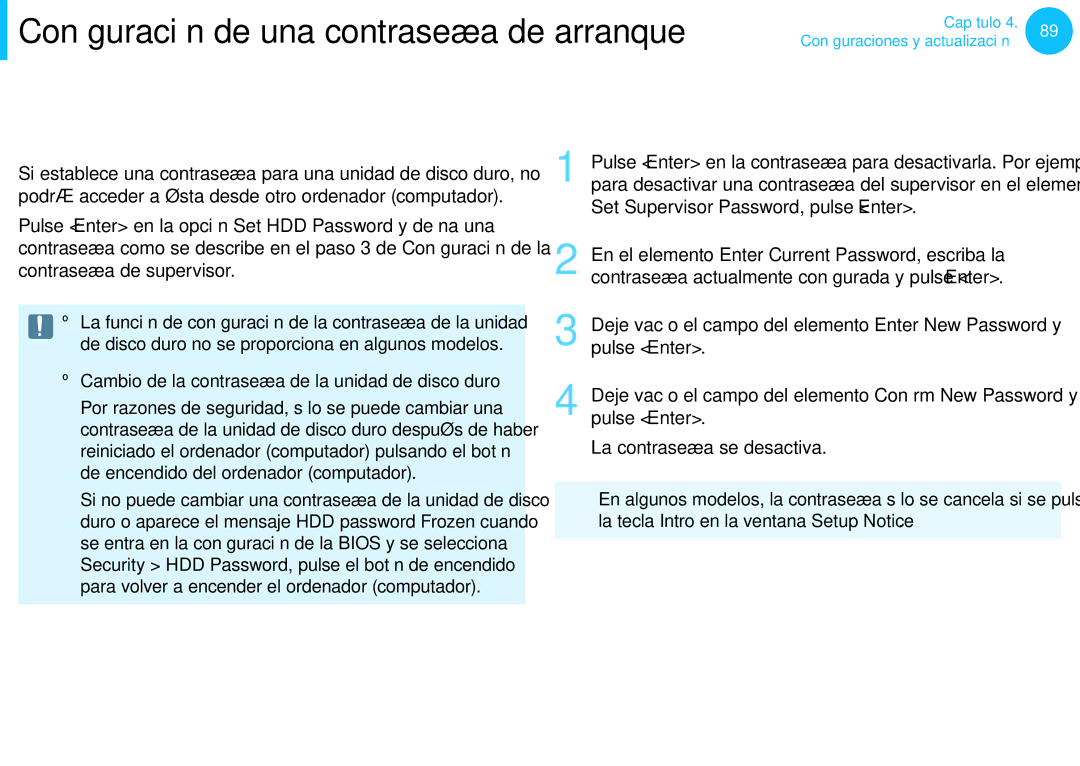 Samsung NP270E5E-K01ES, NP905S3G-K02PT Desactivación de la contraseña, Cambio de la contraseña de la unidad de disco duro 