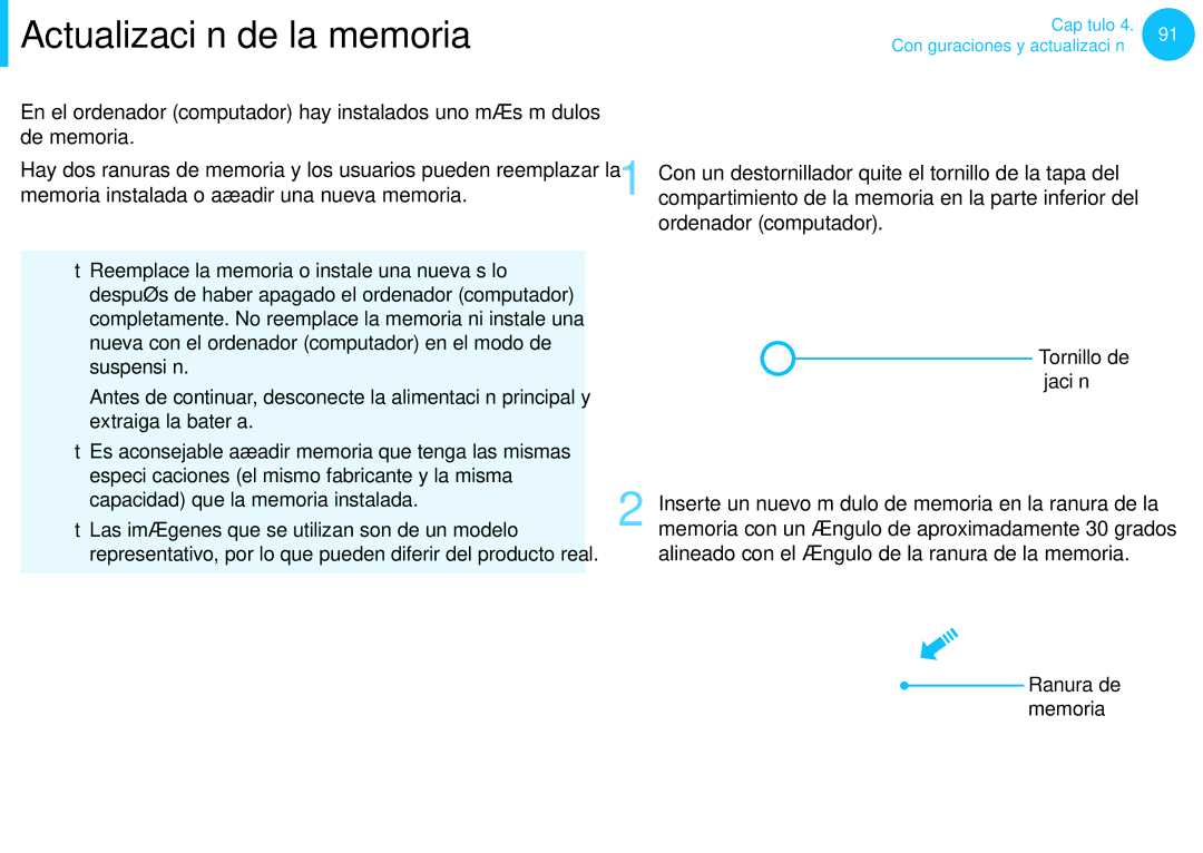 Samsung NP270E5G-K01PT, NP905S3G-K02PT, NP905S3G-K01AE Actualización de la memoria, Añadir o reemplazar módulos de memoria 