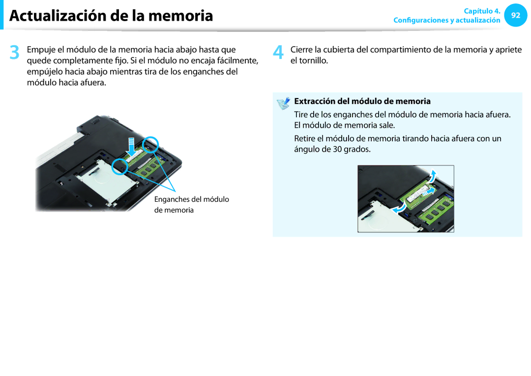 Samsung NP270E5E-K02ES, NP905S3G-K02PT, NP905S3G-K01AE, NP270E5E-X03ES, NP270E5E-X02ES manual Extracción del módulo de memoria 