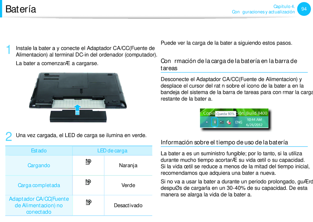 Samsung NP915S3G-K01ES manual Carga de la batería, Medición de la carga restante de la batería, Estado LED de carga 