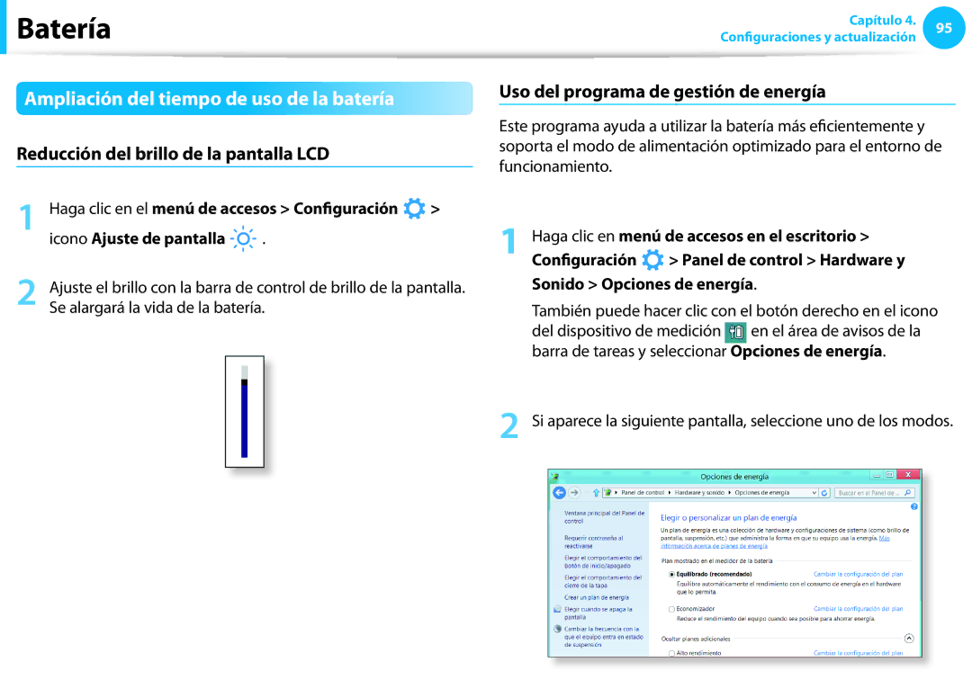 Samsung NP905S3G-K02ES, NP905S3G-K02PT Ampliación del tiempo de uso de la batería, Reducción del brillo de la pantalla LCD 