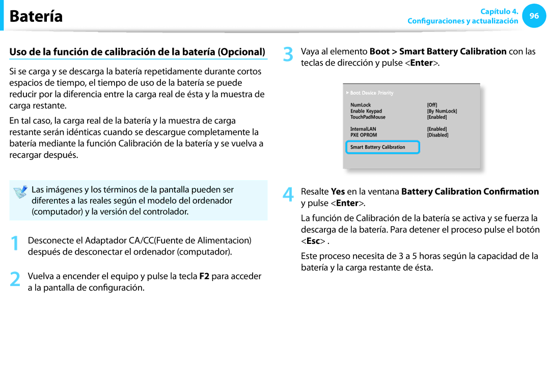 Samsung NP905S3G-K01ES manual Vaya al elemento Boot Smart Battery Calibration con las, Teclas de dirección y pulse Enter 