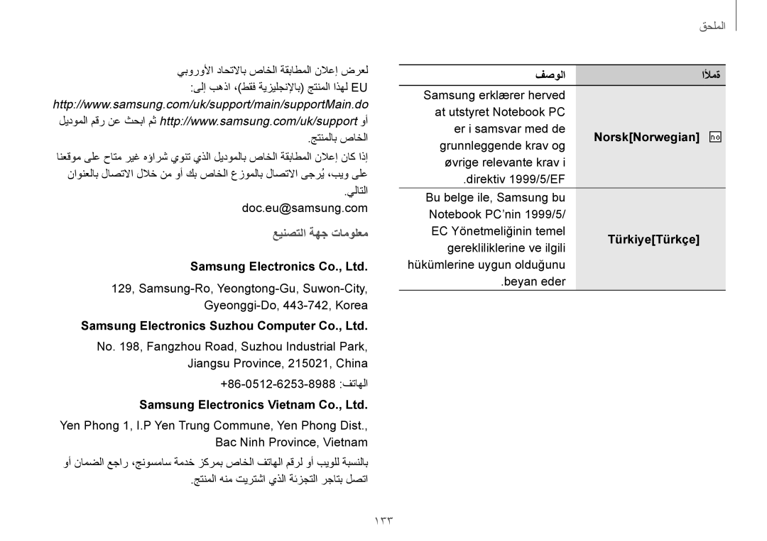 Samsung NP930X5J-K01SA, NP910S5J-K01SA, NP940X3G-K02SA manual عينصتلا ةهج تامولعم, 133 