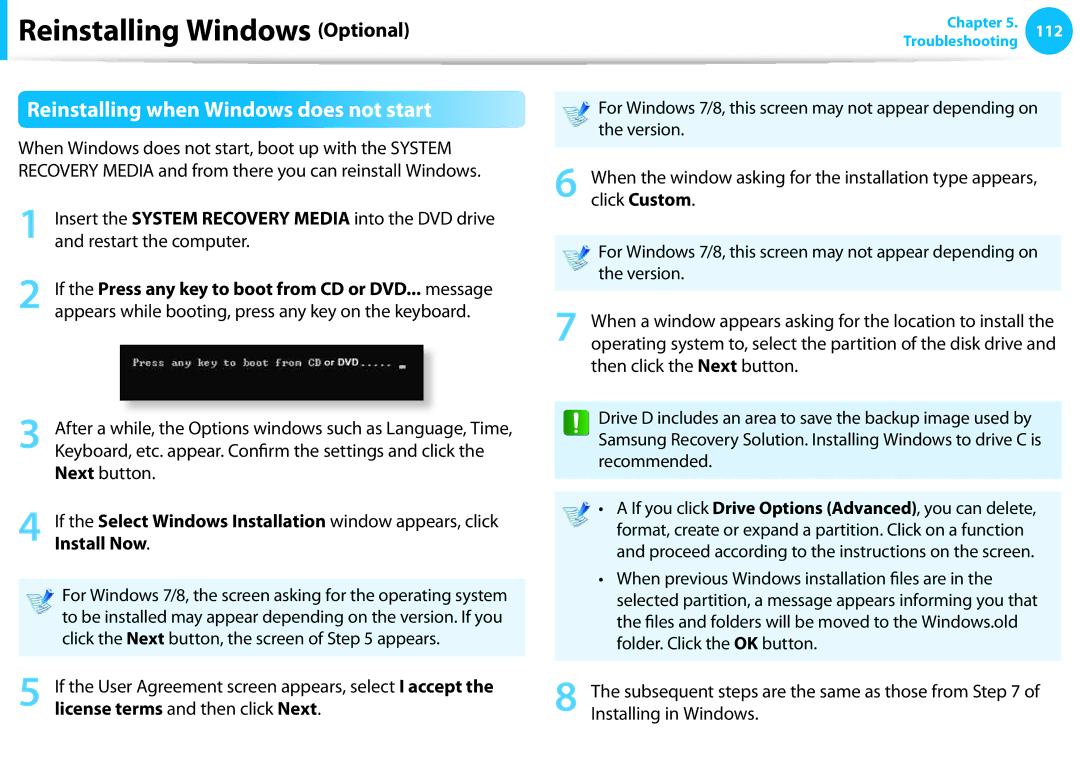 Samsung NP915S3G-K02US, NP915S3G-K01US, NP915S3GK01US user manual Reinstalling when Windows does not start, Install Now 