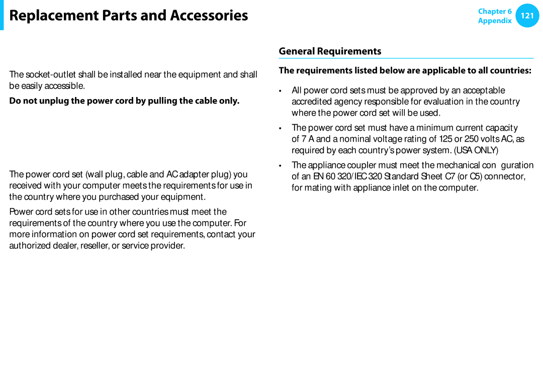 Samsung NP915S3G-K02US, NP915S3GK01US Connect and Disconnect the AC adapter, Power Cord Requirements, General Requirements 