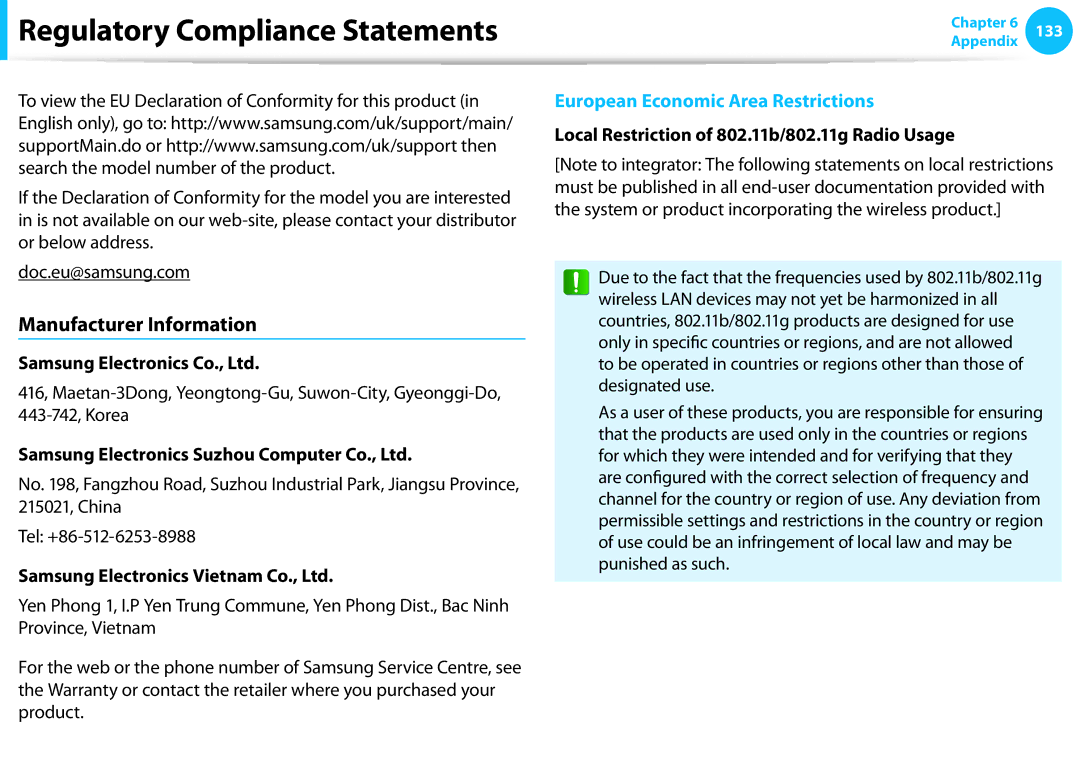 Samsung NP915S3G-K02US, NP915S3G-K01US Manufacturer Information, Local Restriction of 802.11b/802.11g Radio Usage 
