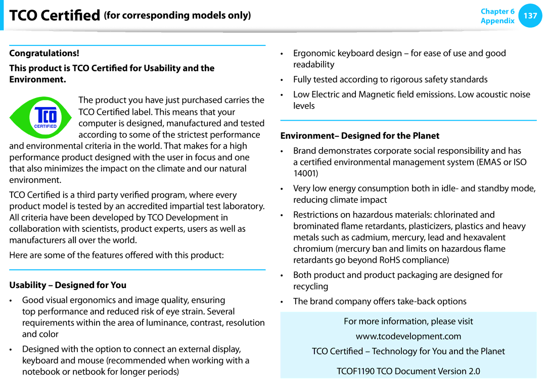 Samsung NP915S3G-K01US, NP915S3GK01US user manual TCO Certified for corresponding models only, Usability Designed for You 