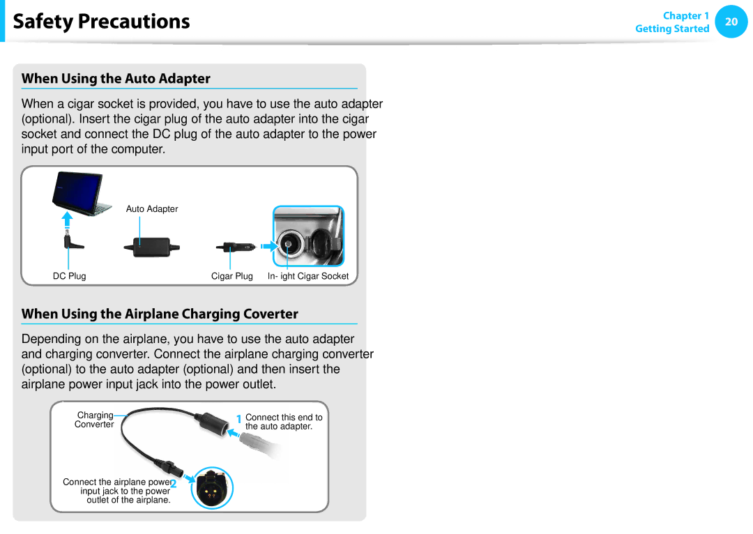 Samsung NP915S3G-K01US, NP915S3GK01US user manual When Using the Auto Adapter, When Using the Airplane Charging Coverter 