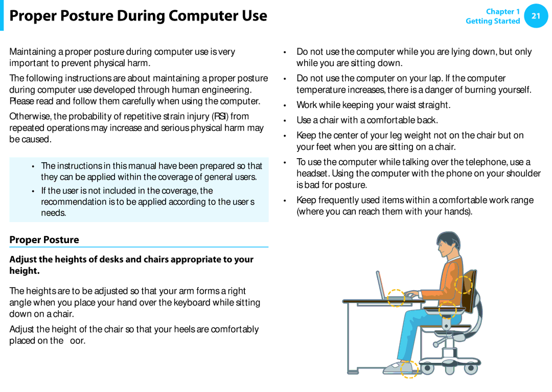 Samsung NP915S3GK01US, NP915S3G-K01US, NP915S3G-K02US user manual Proper Posture During Computer Use 