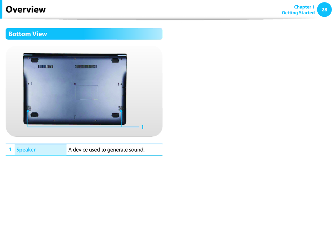 Samsung NP915S3G-K02US, NP915S3G-K01US, NP915S3GK01US user manual Bottom View, Speaker Device used to generate sound 