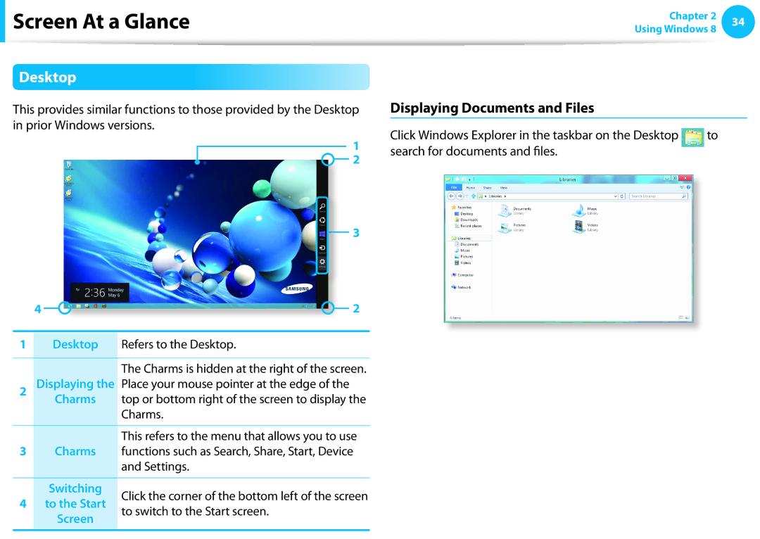 Samsung NP915S3G-K02US, NP915S3G-K01US user manual Desktop, Displaying Documents and Files, To switch to the Start screen 