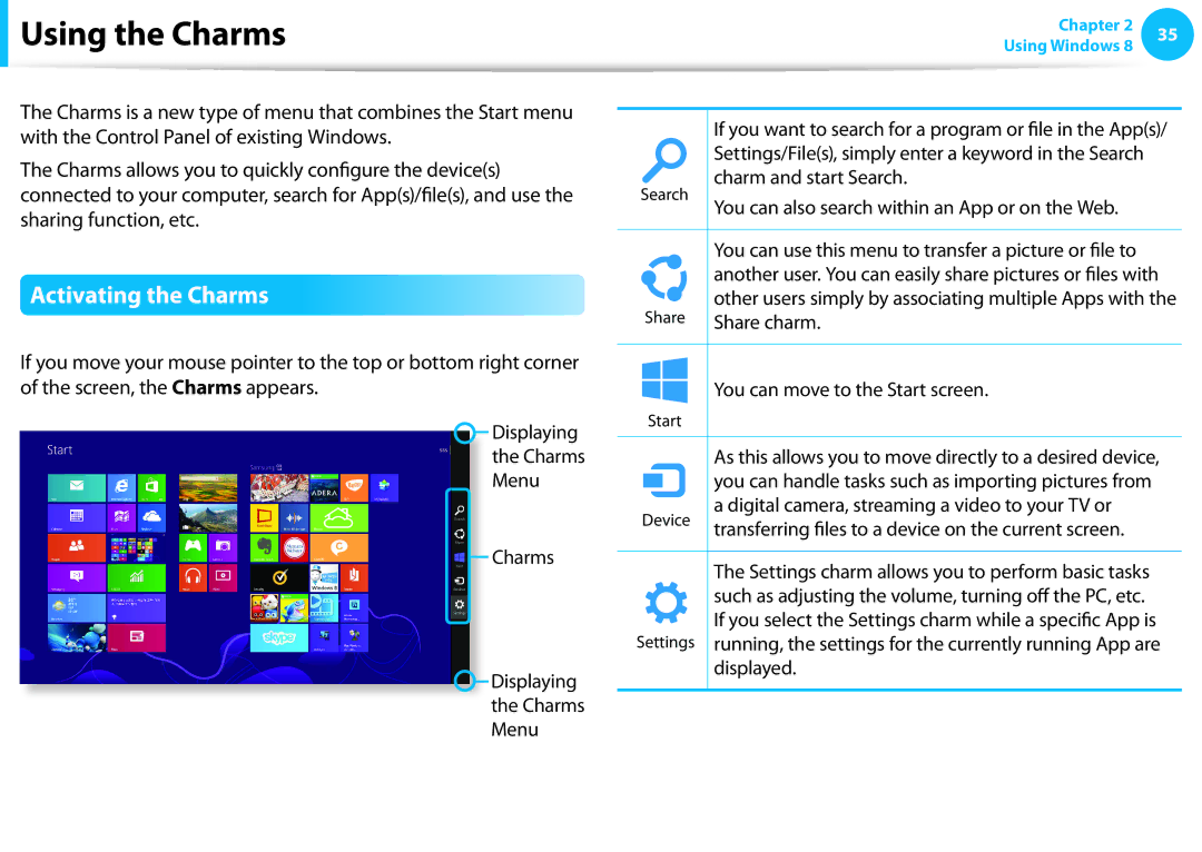 Samsung NP915S3G-K01US, NP915S3GK01US, NP915S3G-K02US user manual Using the Charms, Activating the Charms 