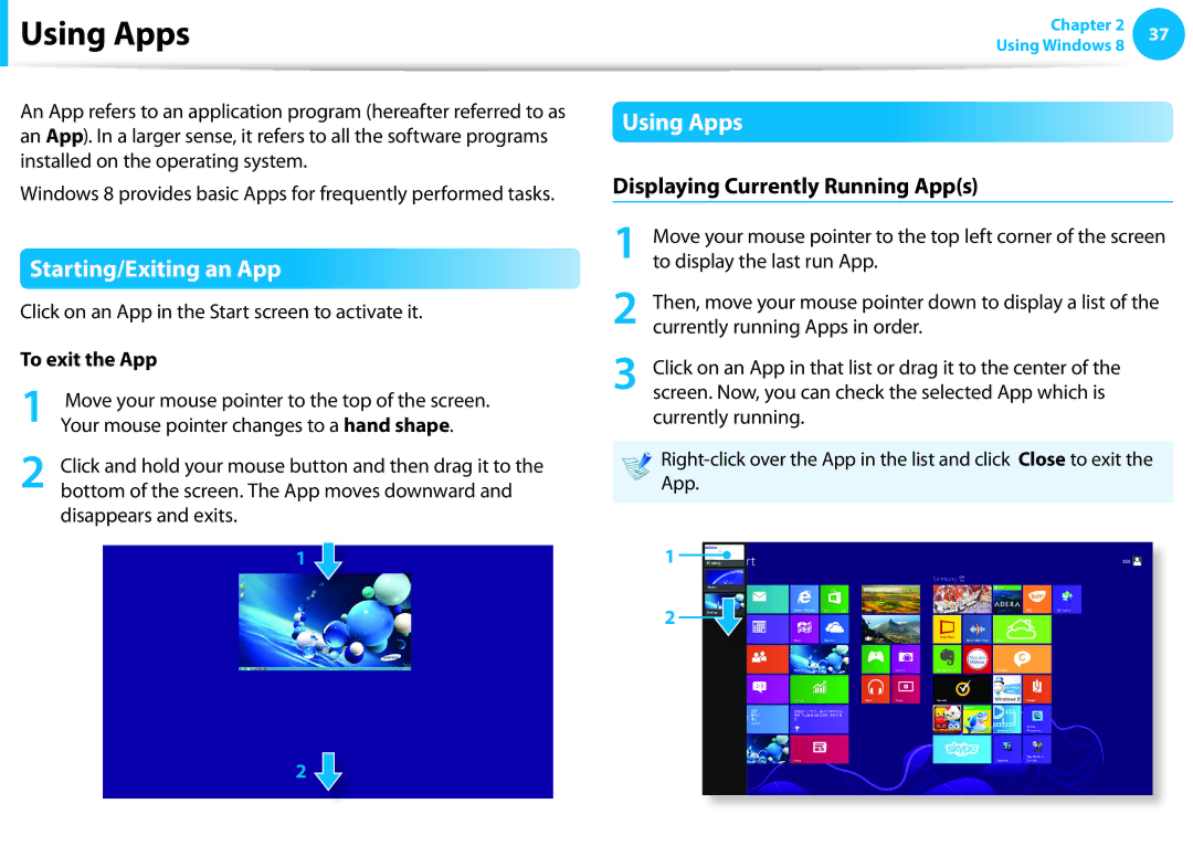 Samsung NP915S3G-K02US user manual Using Apps, Starting/Exiting an App, Displaying Currently Running Apps, To exit the App 