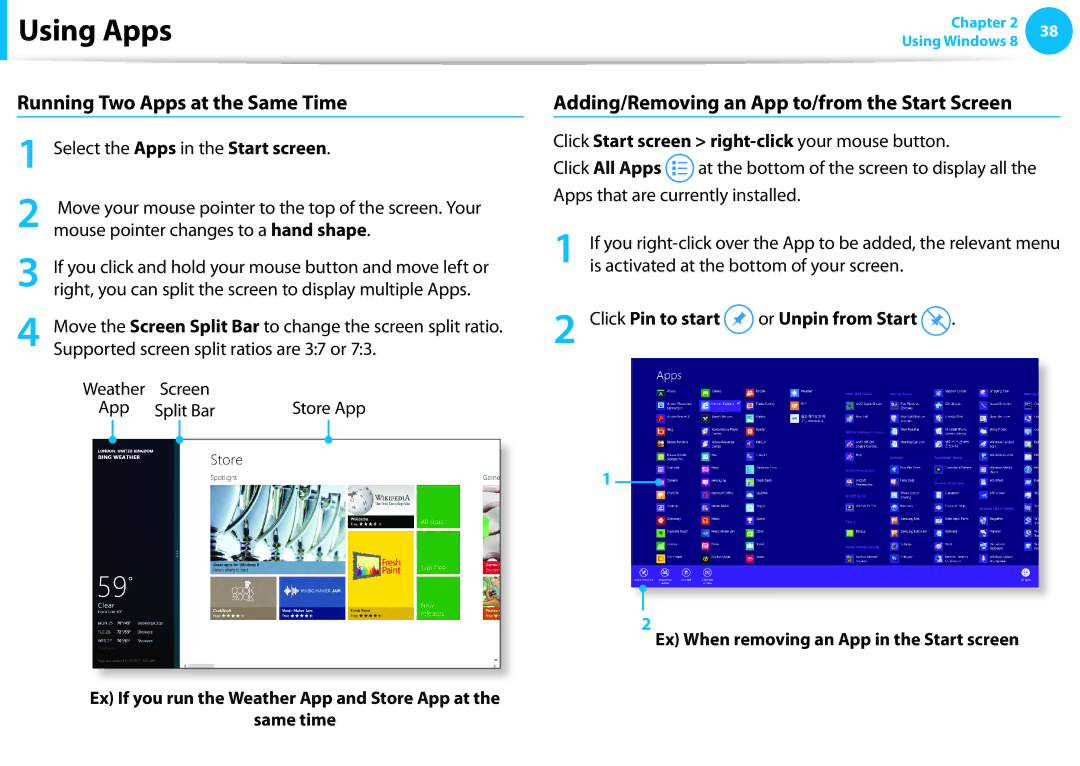 Samsung NP915S3G-K01US, NP915S3GK01US Running Two Apps at the Same Time, Adding/Removing an App to/from the Start Screen 