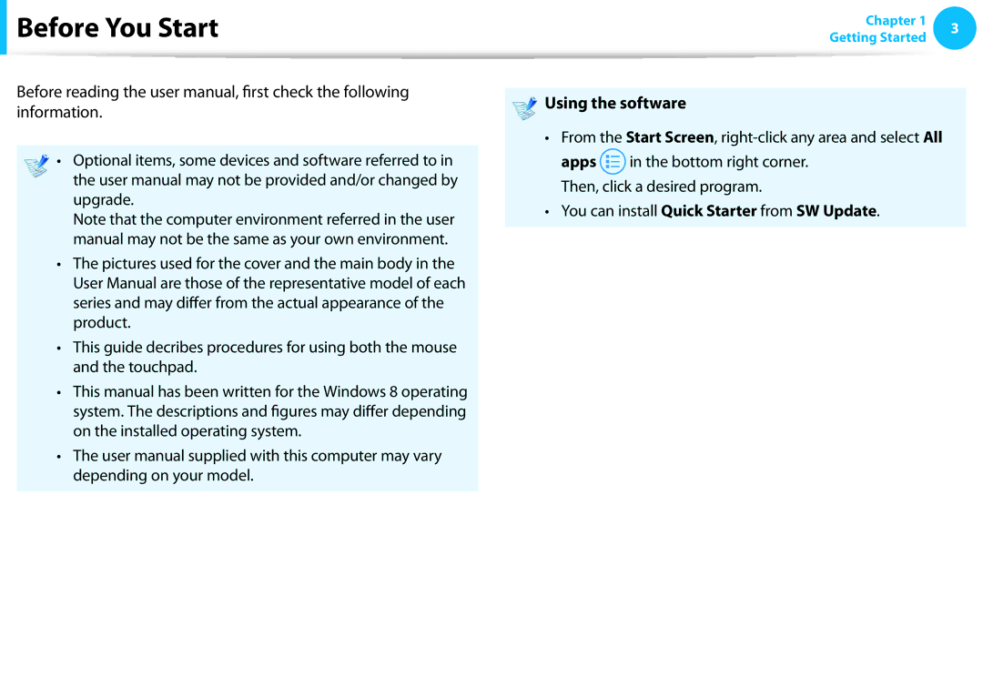 Samsung NP915S3GK01US, NP915S3G-K01US, NP915S3G-K02US user manual Before You Start, Using the software 