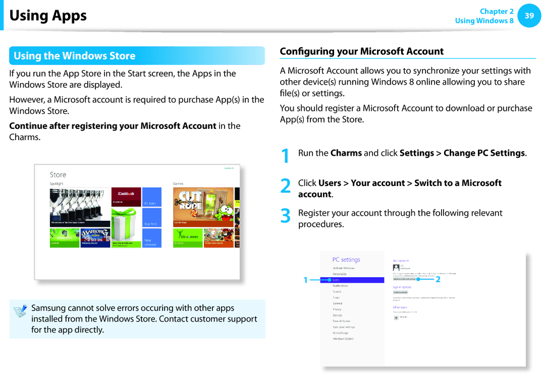 Samsung NP915S3GK01US, NP915S3G-K01US, NP915S3G-K02US user manual Using the Windows Store, Configuring your Microsoft Account 