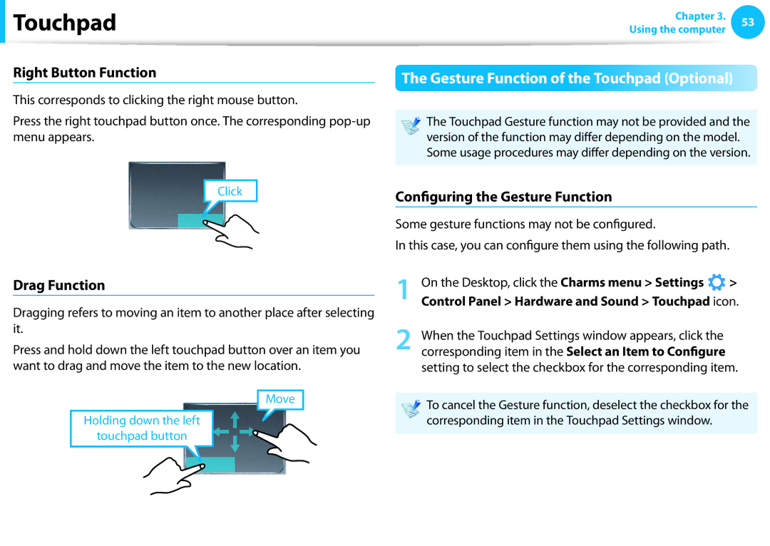 Samsung NP915S3G-K01US, NP915S3GK01US user manual Right Button Function, Drag Function, Configuring the Gesture Function 