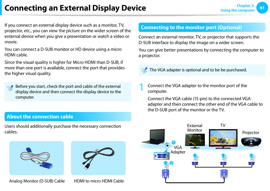 Samsung NP915S3G-K02US user manual Connecting an External Display Device, Connecting to the monitor port Optional, Adapter 