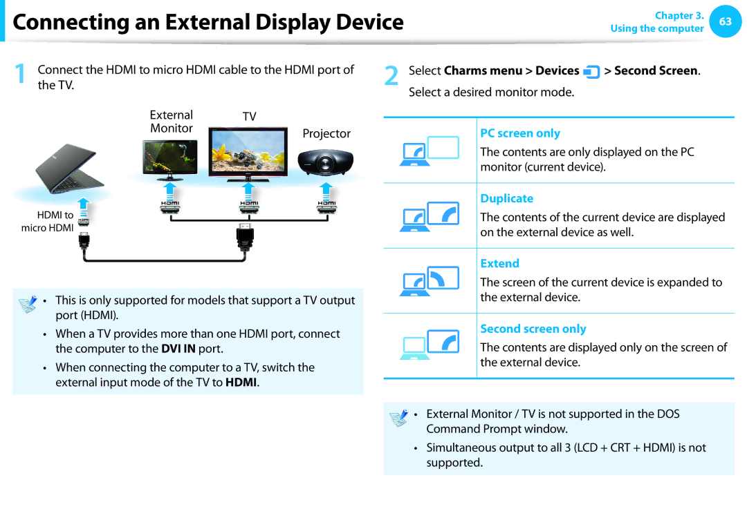 Samsung NP915S3GK01US, NP915S3G-K01US user manual Hdmi to micro Hdmi cable to the Hdmi port, External TV Monitor Projector 