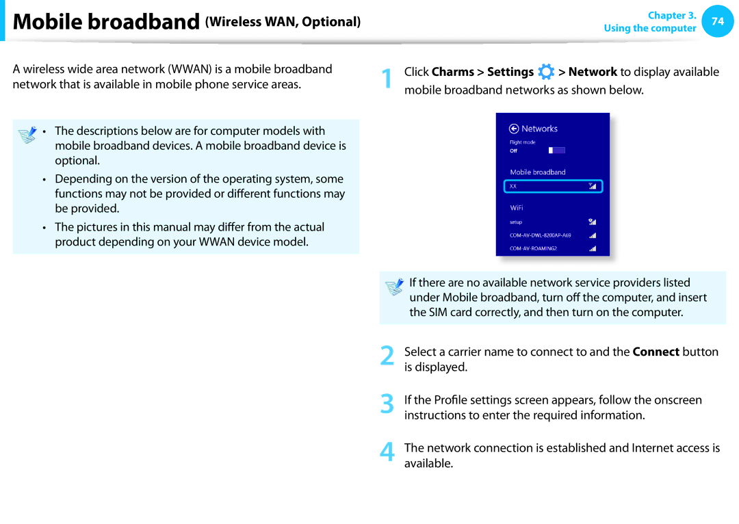 Samsung NP915S3G-K01US, NP915S3GK01US, NP915S3G-K02US user manual Mobile broadband Wireless WAN, Optional 