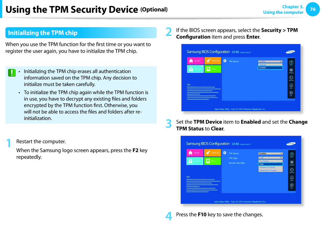 Samsung NP915S3G-K02US, NP915S3G-K01US, NP915S3GK01US Initializing the TPM chip, Press the F10 key to save the changes 