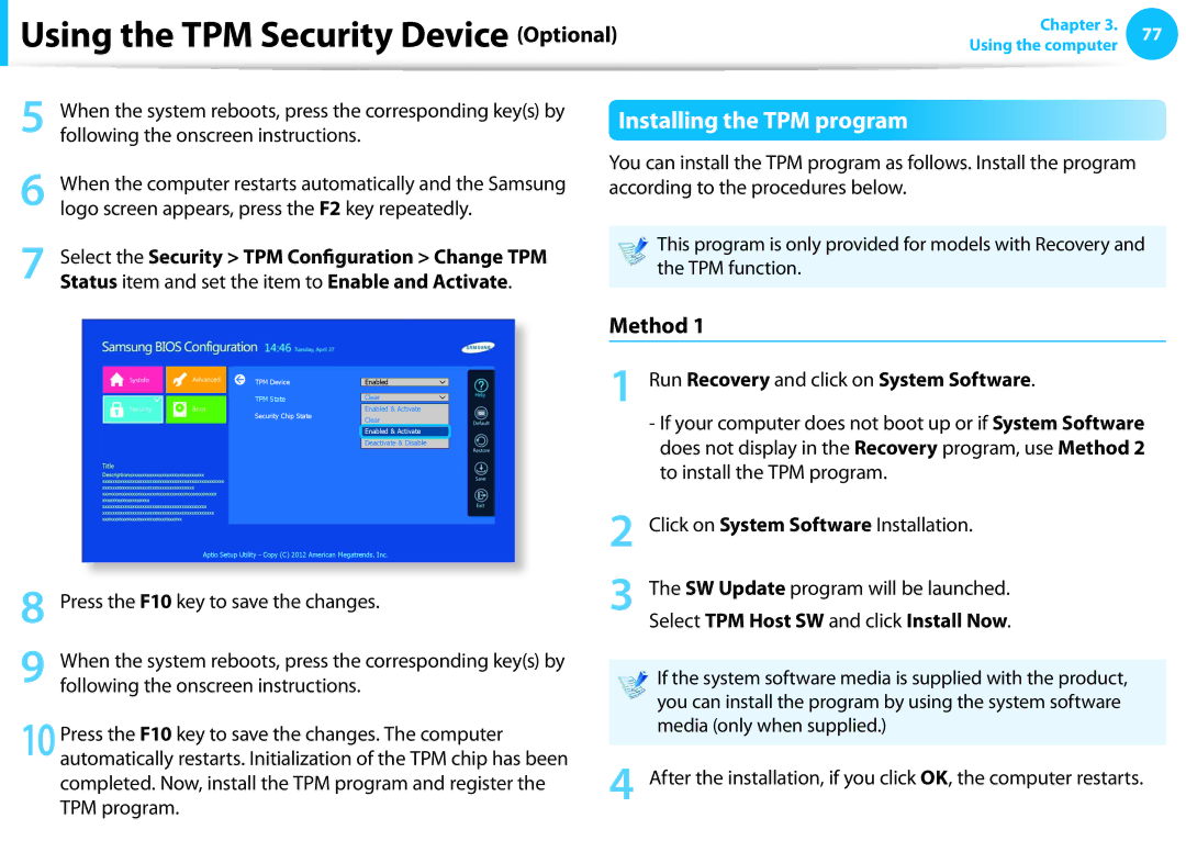 Samsung NP915S3G-K01US, NP915S3GK01US user manual Using the TPM Security Device Optional, Installing the TPM program, Method 