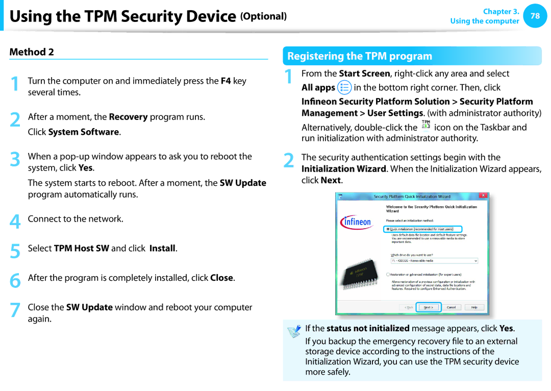 Samsung NP915S3GK01US user manual Registering the TPM program, Click System Software, Select TPM Host SW and click Install 