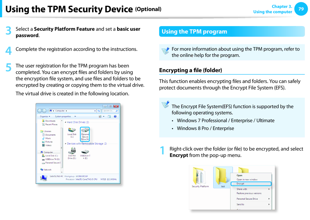 Samsung NP915S3G-K02US, NP915S3G-K01US, NP915S3GK01US user manual Using the TPM program, Encrypting a file folder 