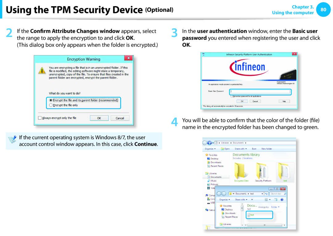 Samsung NP915S3G-K01US Using the TPM Security Device Optional, This dialog box only appears when the folder is encrypted 