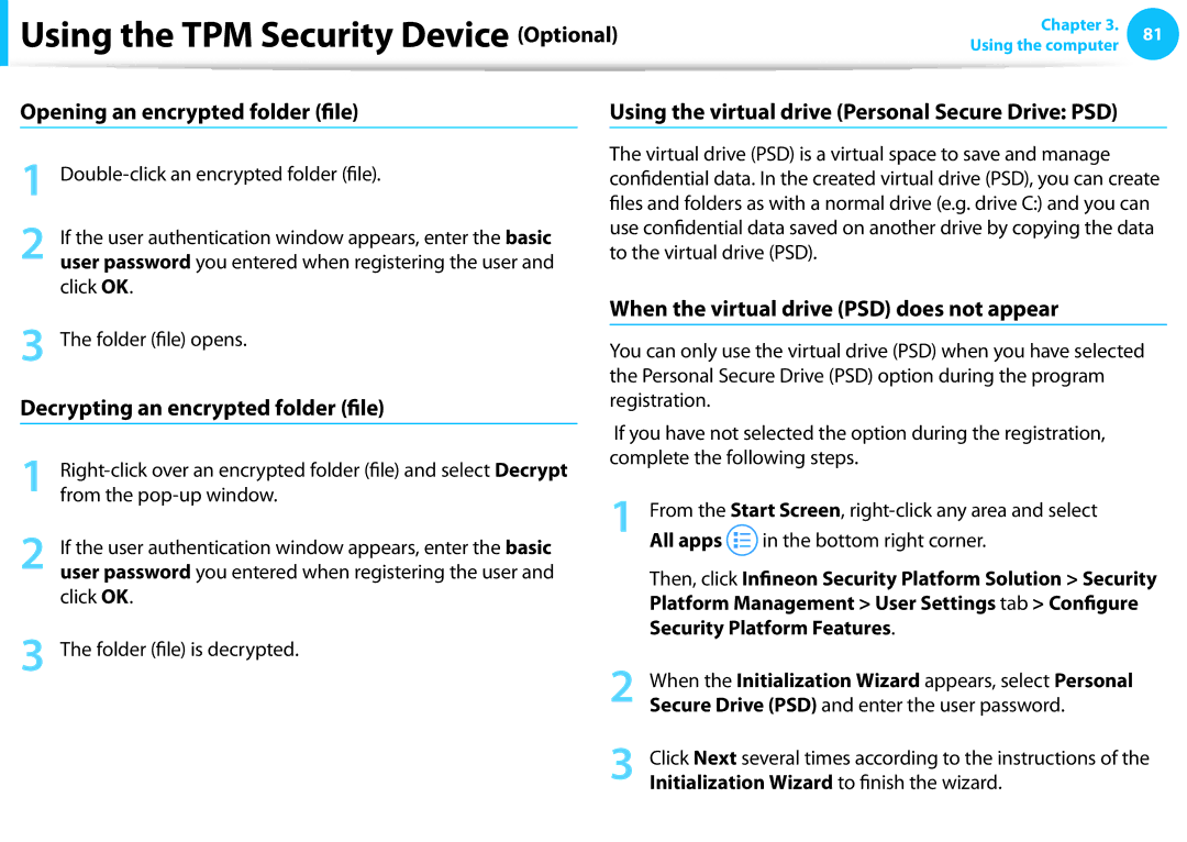 Samsung NP915S3GK01US, NP915S3G-K01US Decrypting an encrypted folder file, When the virtual drive PSD does not appear 