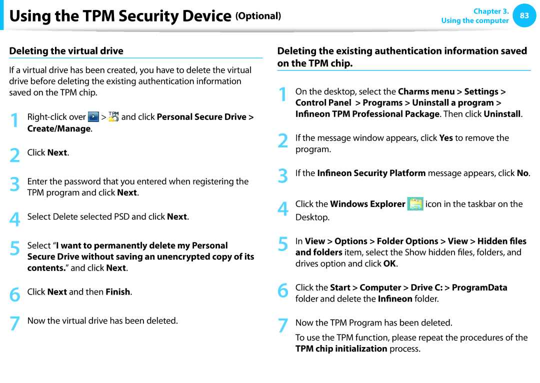 Samsung NP915S3G-K01US, NP915S3GK01US, NP915S3G-K02US user manual Deleting the virtual drive 