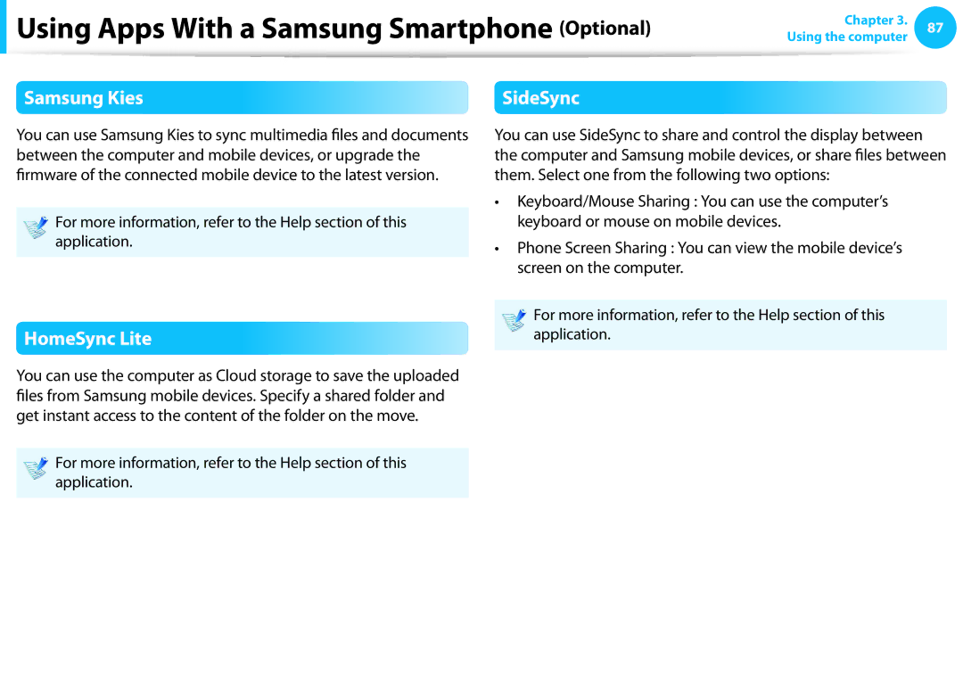 Samsung NP915S3GK01US, NP915S3G-K01US Using Apps With a Samsung Smartphone Optional, Samsung Kies, HomeSync Lite, SideSync 