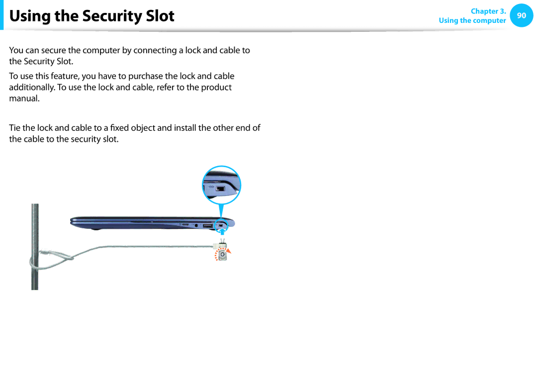 Samsung NP915S3GK01US, NP915S3G-K01US, NP915S3G-K02US user manual Using the Security Slot 