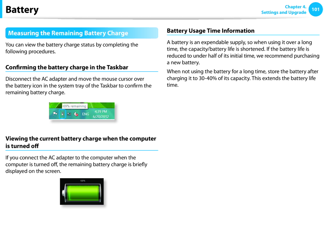 Samsung NP915S3G-K01US user manual Measuring the Remaining Battery Charge, Confirming the battery charge in the Taskbar 