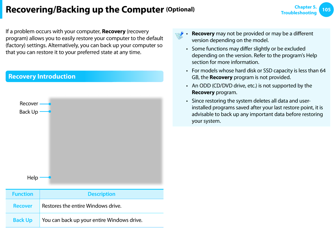 Samsung NP915S3G-K01US user manual Recovering/Backing up the Computer Optional, Recovery Introduction 