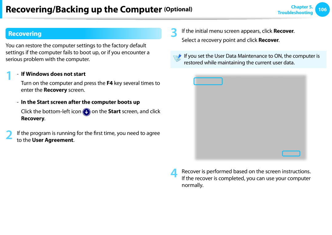 Samsung NP915S3G-K01US Recovering, If Windows does not start, Start screen after the computer boots up, Recovery 