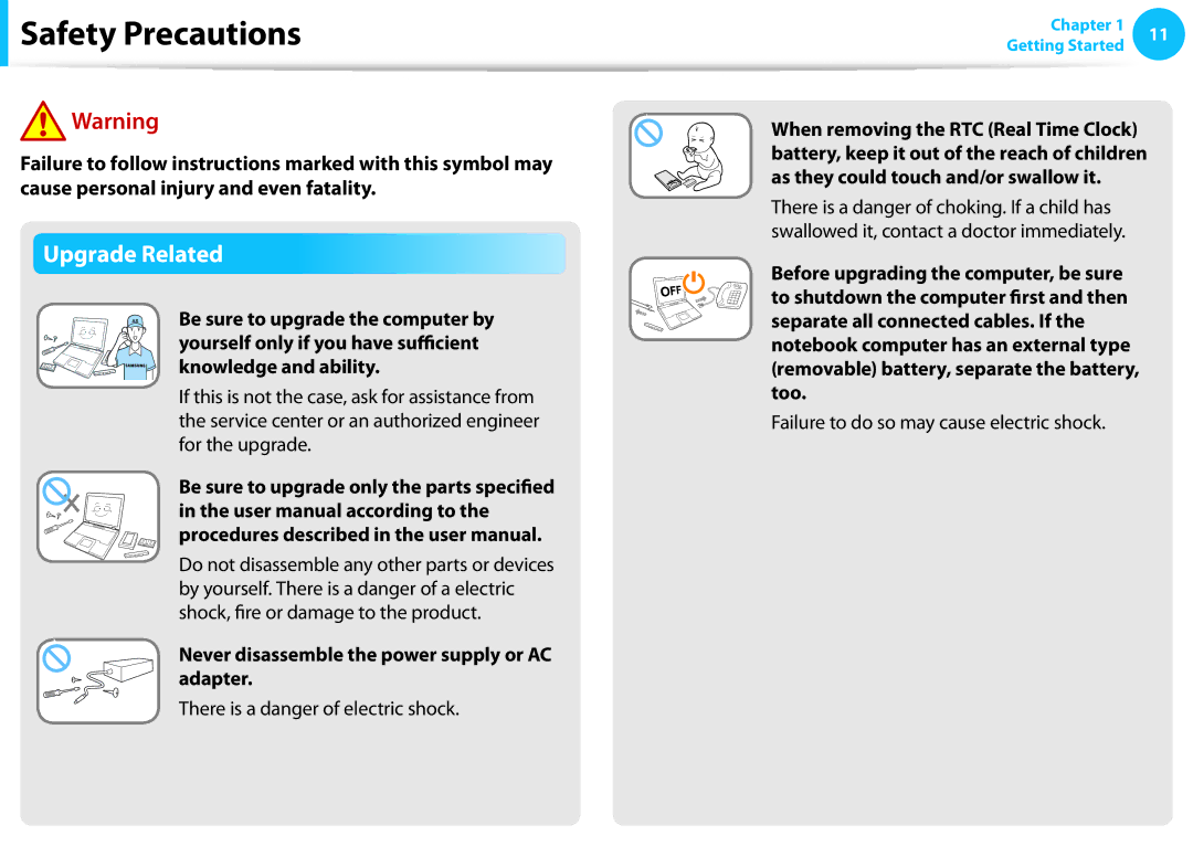 Samsung NP915S3G-K01US user manual Upgrade Related, Never disassemble the power supply or AC adapter 