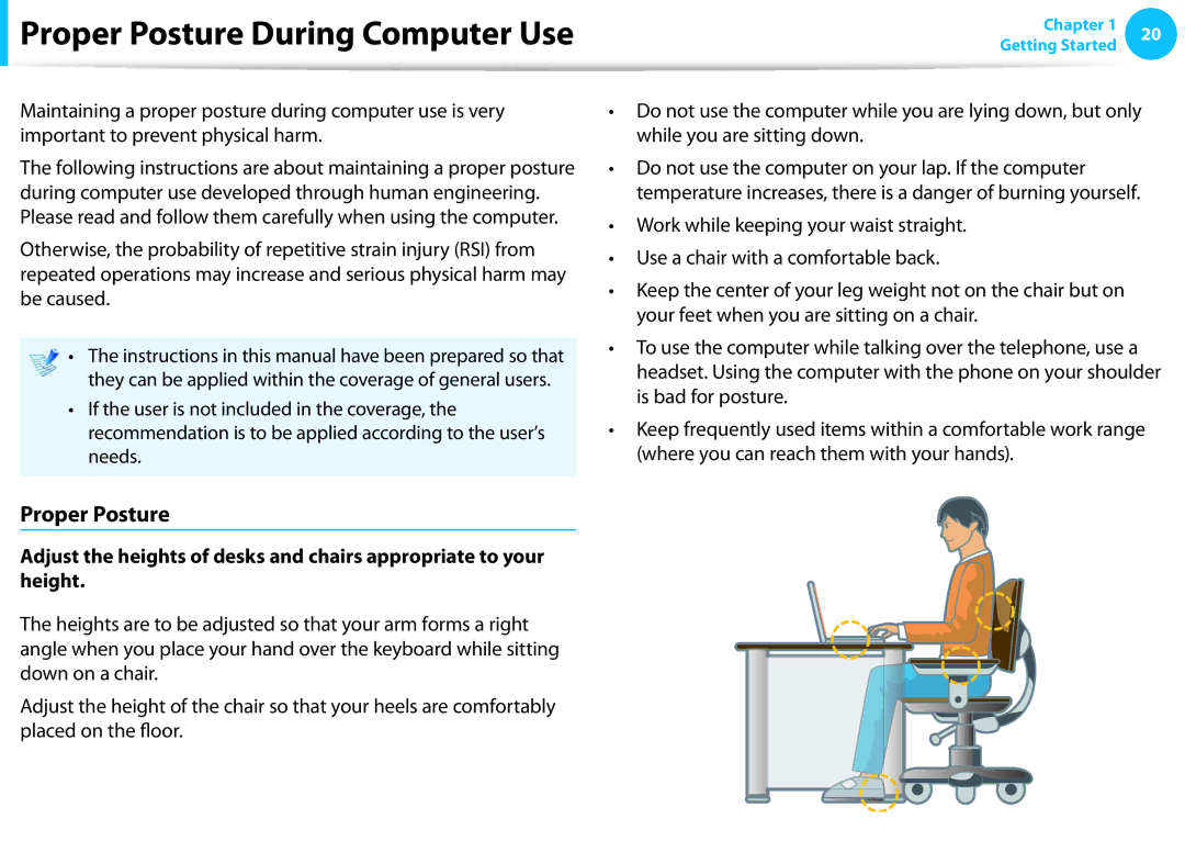 Samsung NP915S3G-K01US user manual Proper Posture During Computer Use 