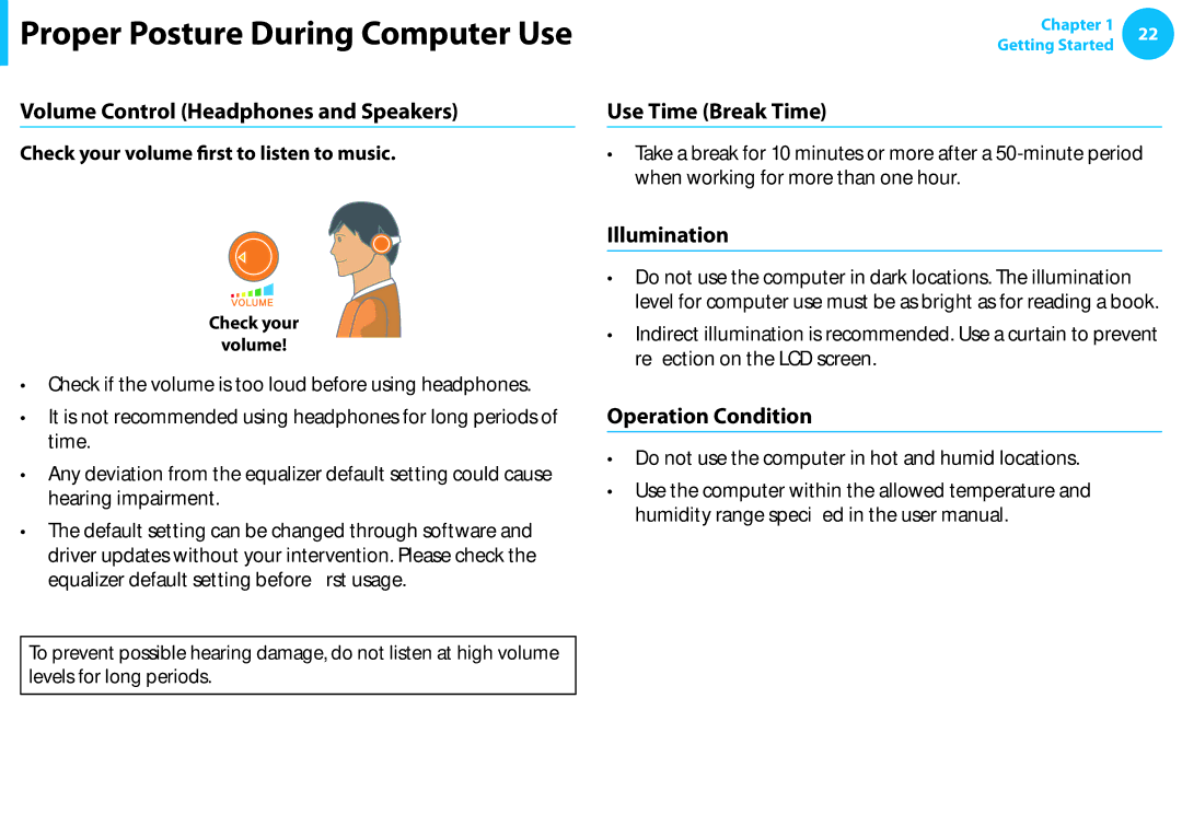 Samsung NP915S3G-K01US Volume Control Headphones and Speakers, Use Time Break Time, Illumination, Operation Condition 