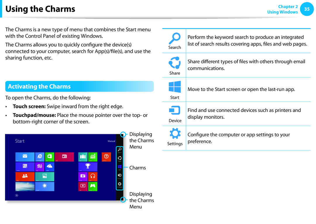 Samsung NP915S3G-K01US user manual Using the Charms, Activating the Charms 