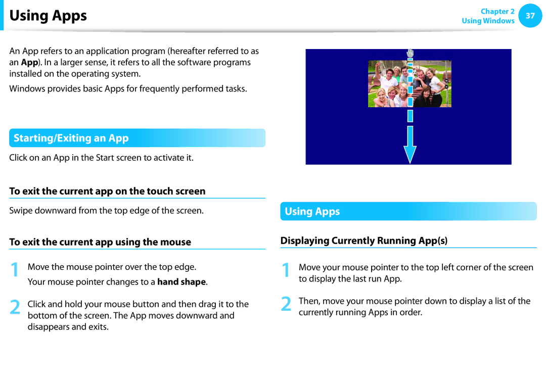 Samsung NP915S3G-K01US user manual Using Apps, Starting/Exiting an App 