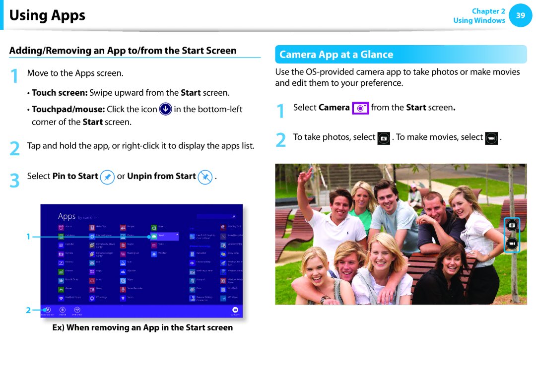 Samsung NP915S3G-K01US user manual Camera App at a Glance, Adding/Removing an App to/from the Start Screen 