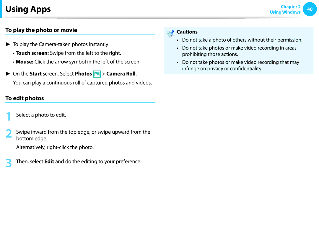 Samsung NP915S3G-K01US user manual To play the photo or movie, To edit photos 