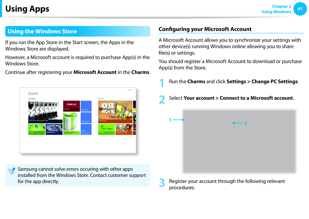 Samsung NP915S3G-K01US user manual Using the Windows Store, Configuring your Microsoft Account 