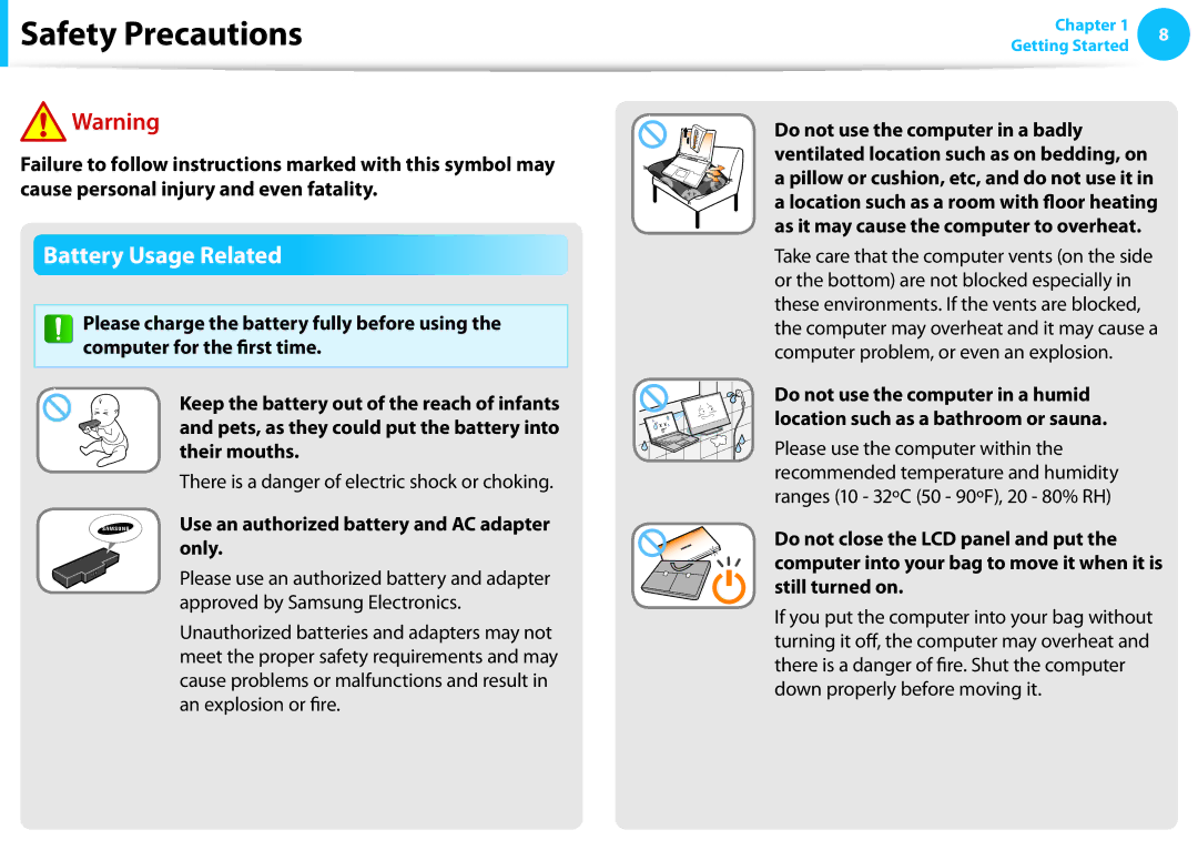 Samsung NP915S3G-K01US user manual Battery Usage Related, There is a danger of electric shock or choking 