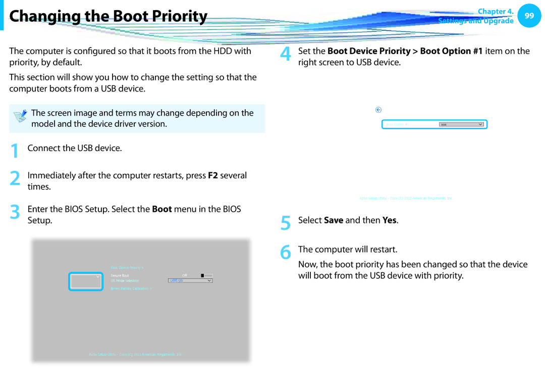 Samsung NP915S3GK02US, NP905S3GK02US Changing the Boot Priority, Set the Boot Device Priority Boot Option #1 item on 