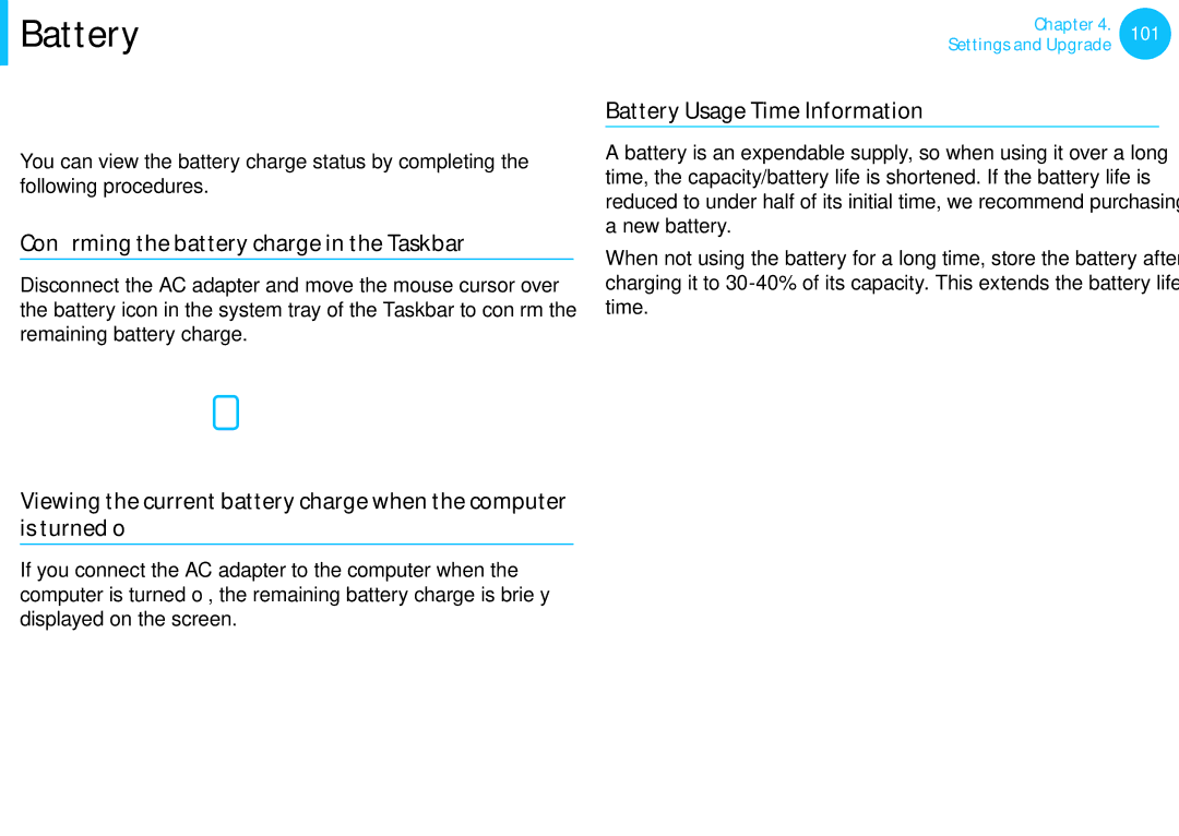 Samsung NP915S3GK02US, NP905S3GK02US Measuring the Remaining Battery Charge, Confirming the battery charge in the Taskbar 