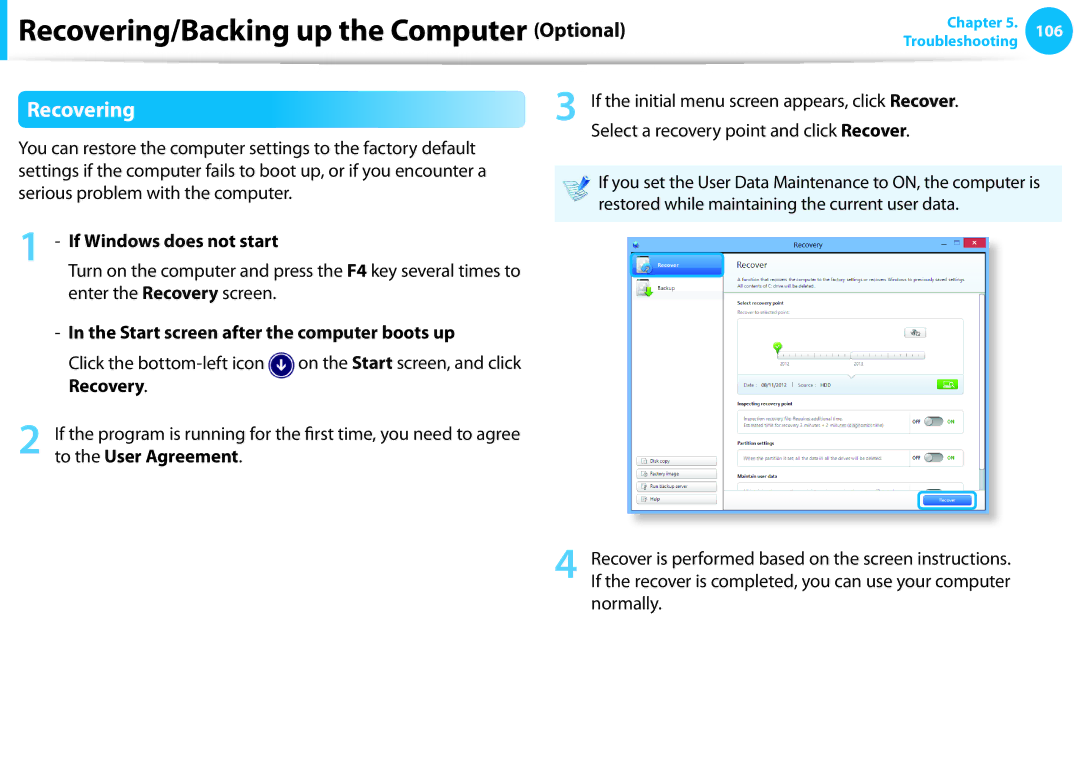 Samsung NP905S3GK02US user manual Recovering, If Windows does not start, Start screen after the computer boots up, Recovery 